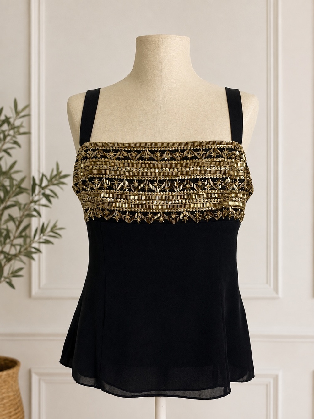 Silk INC International Concepts Black Camisole with Gold Embellished Bodice